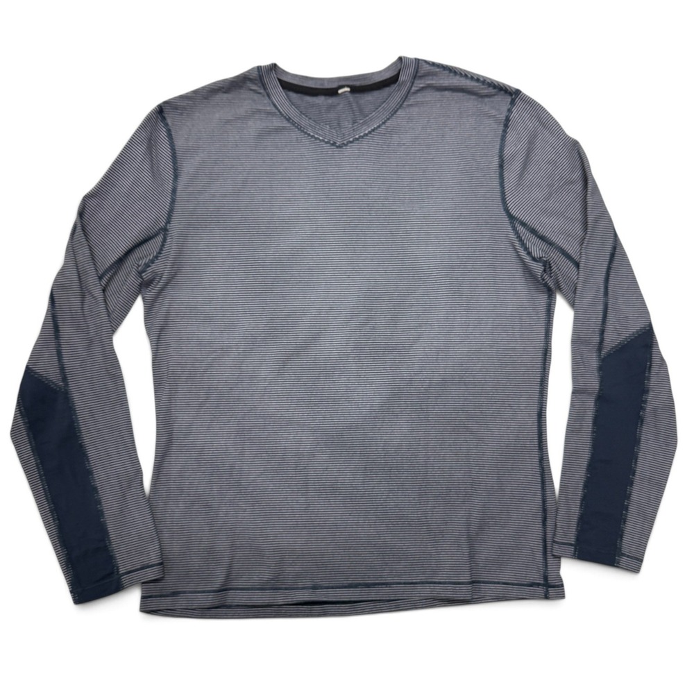 Lululemon Long Sleeve V-Neck Striped Athletic Training Shirt Mens Large Blue